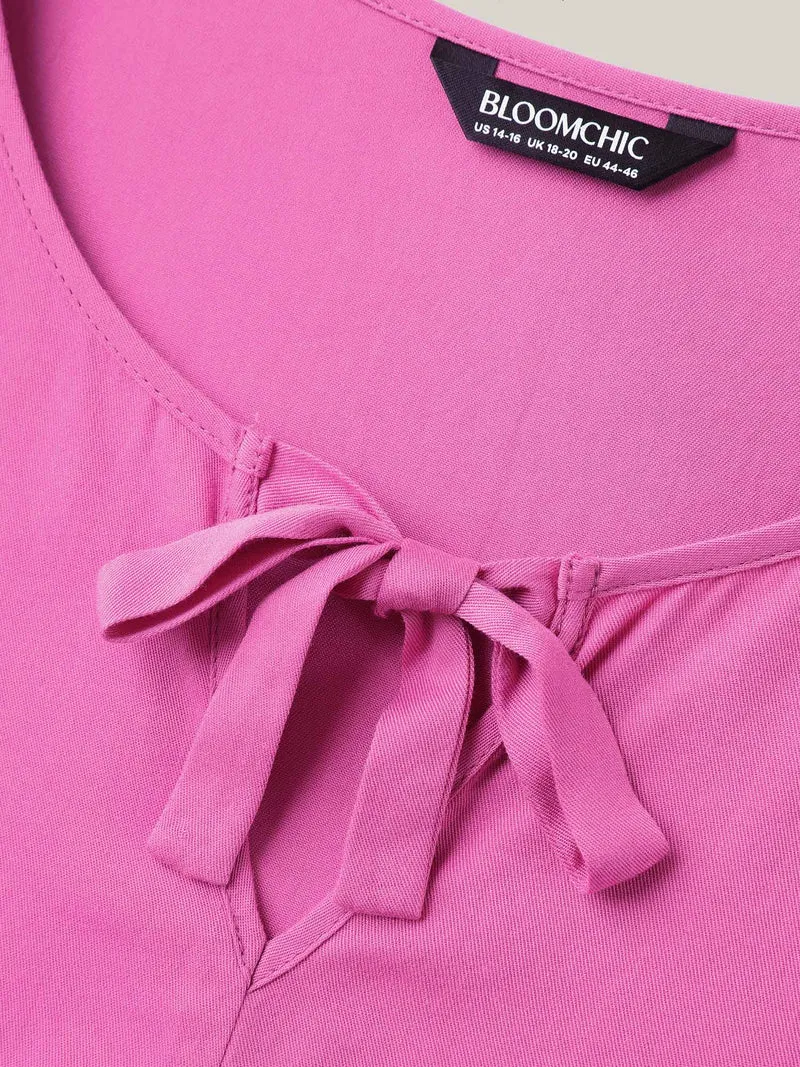 Bow Detail Plain Babydoll Puff Sleeve Shirt