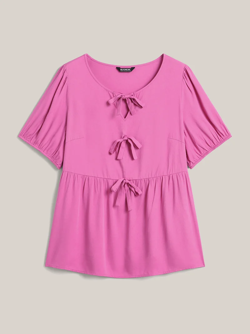 Bow Detail Plain Babydoll Puff Sleeve Shirt