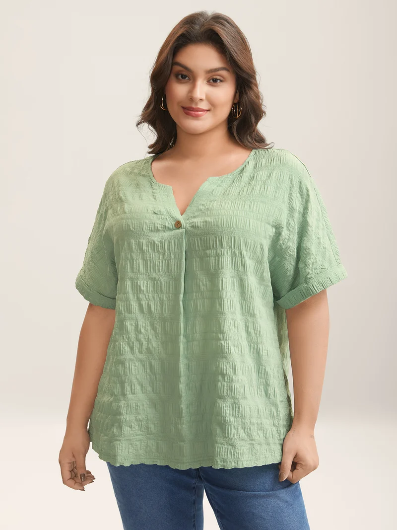Textured Pleated Front Button T-Shirt