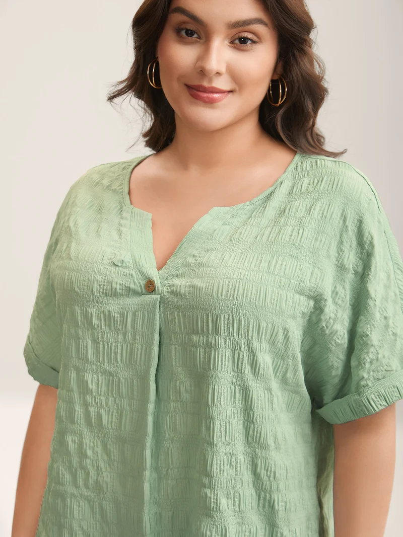 Textured Pleated Front Button T-Shirt