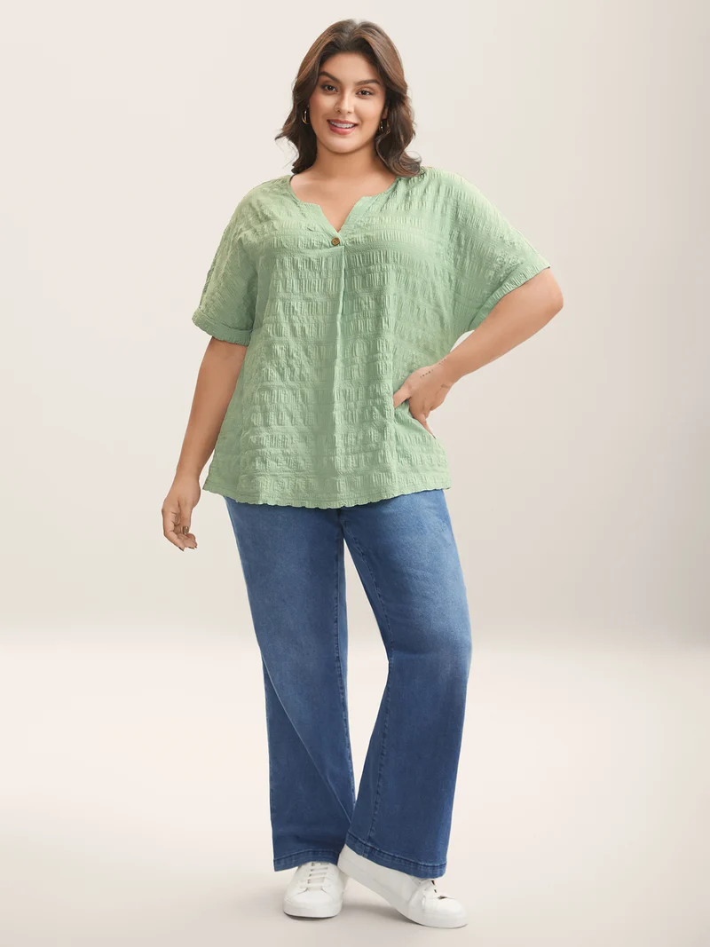 Textured Pleated Front Button T-Shirt