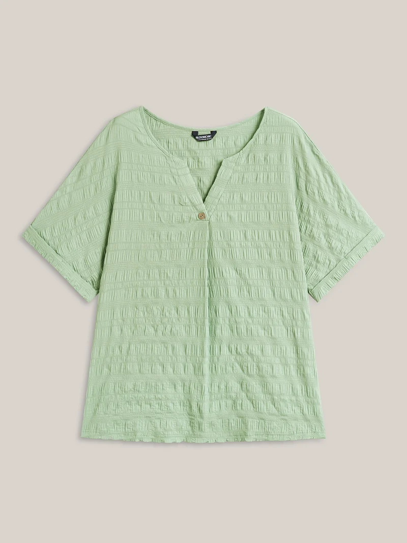 Textured Pleated Front Button T-Shirt