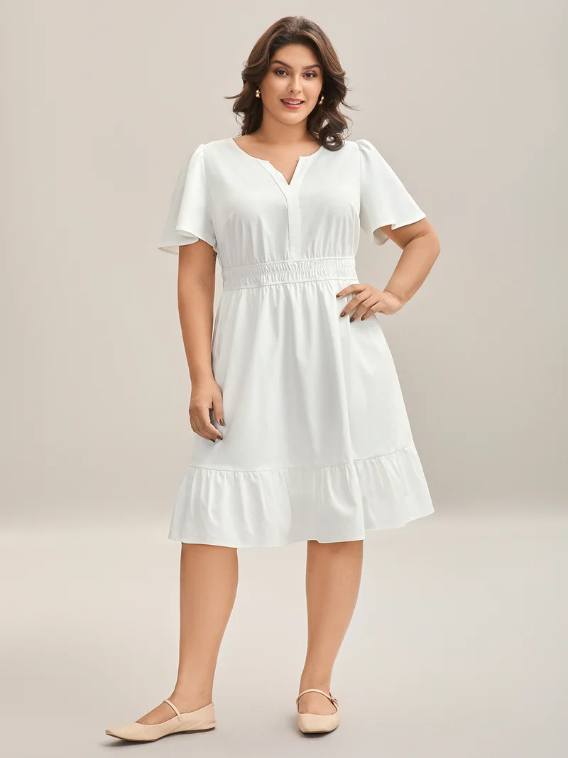 Woven Shirred Waist Split Neck Midi Dress