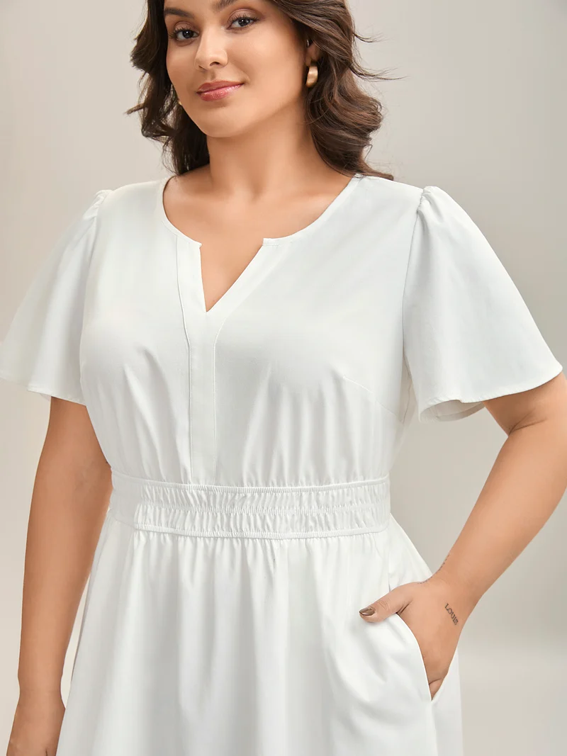 Woven Shirred Waist Split Neck Midi Dress