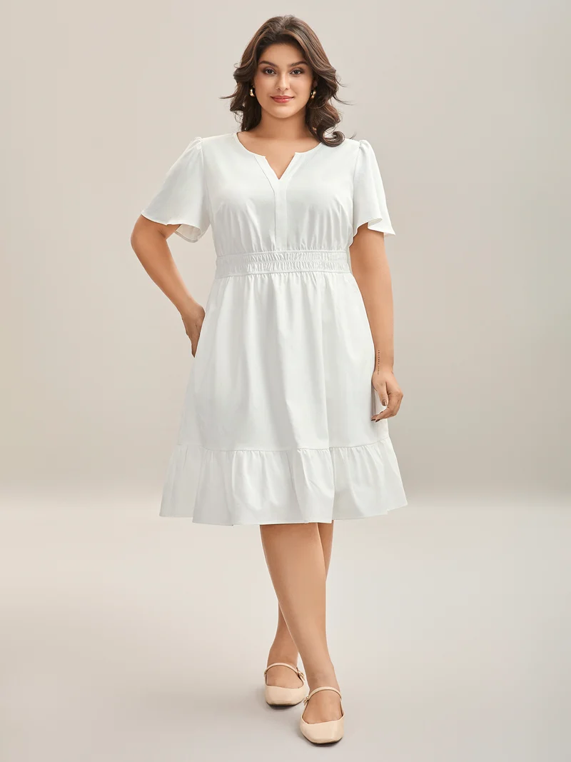 Woven Shirred Waist Split Neck Midi Dress