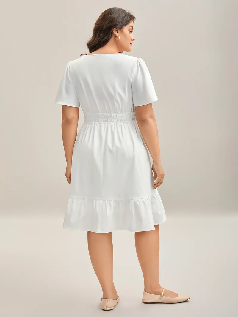 Woven Shirred Waist Split Neck Midi Dress