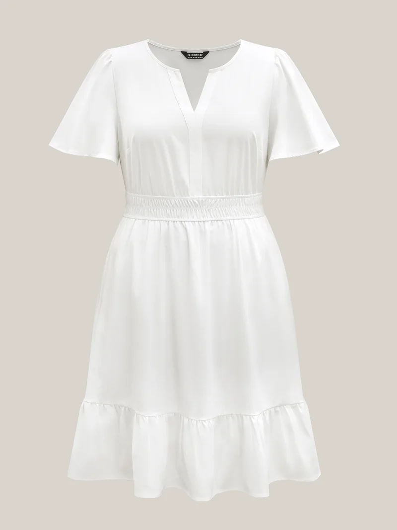 Woven Shirred Waist Split Neck Midi Dress
