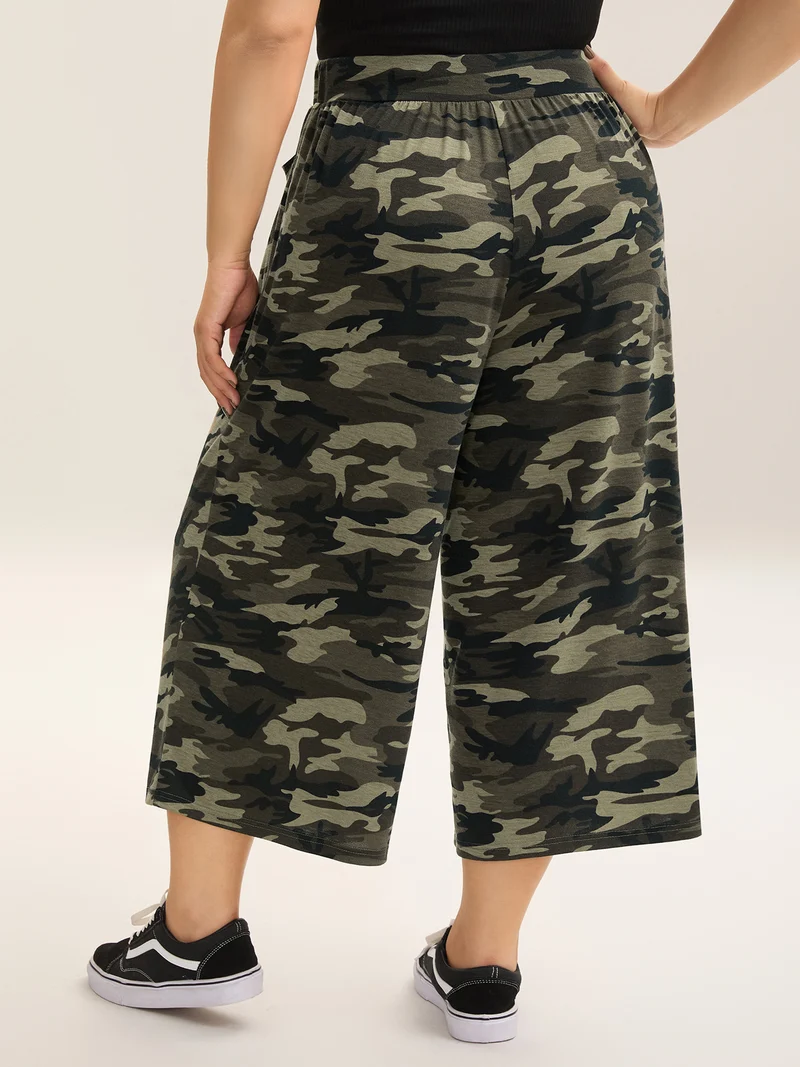 Camouflage Print Tie-Waist Wide-Leg Pants
