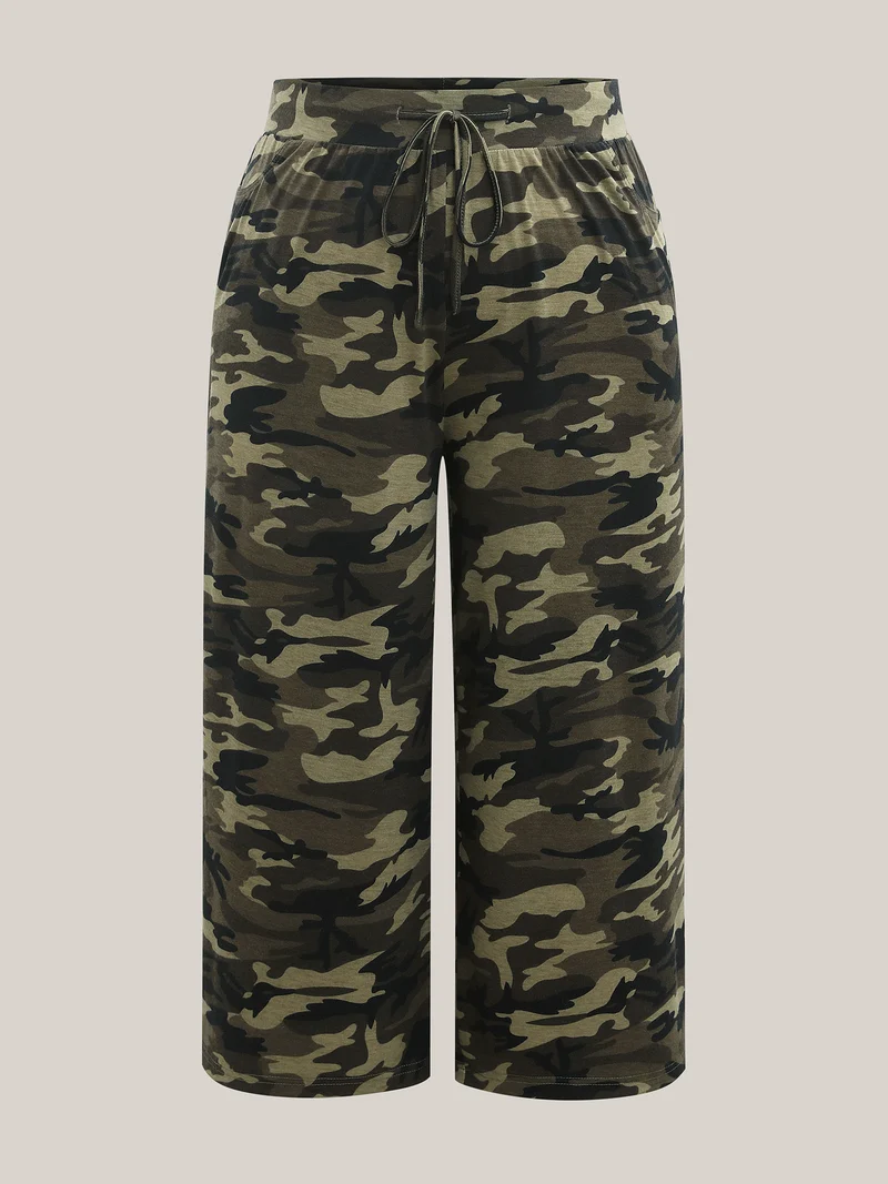Camouflage Print Tie-Waist Wide-Leg Pants
