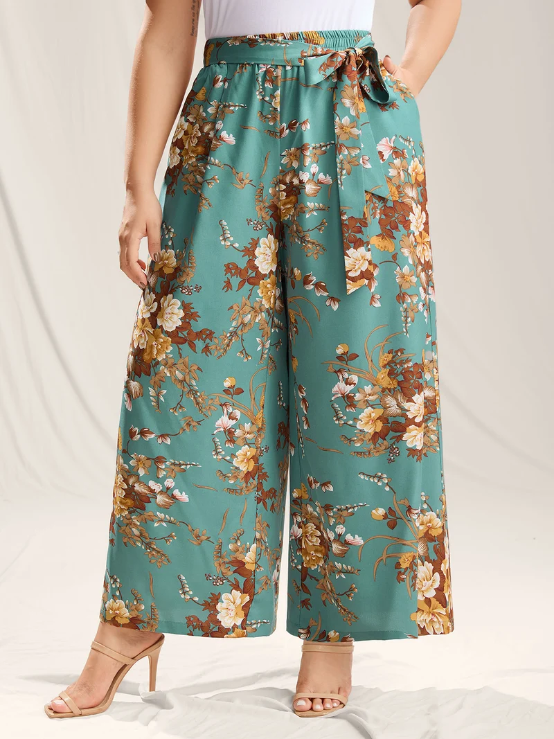 Sweet Floral Print Belted Wide-Leg Pants