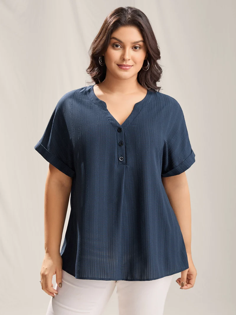 Textured Half Placket Split Neck Shirt