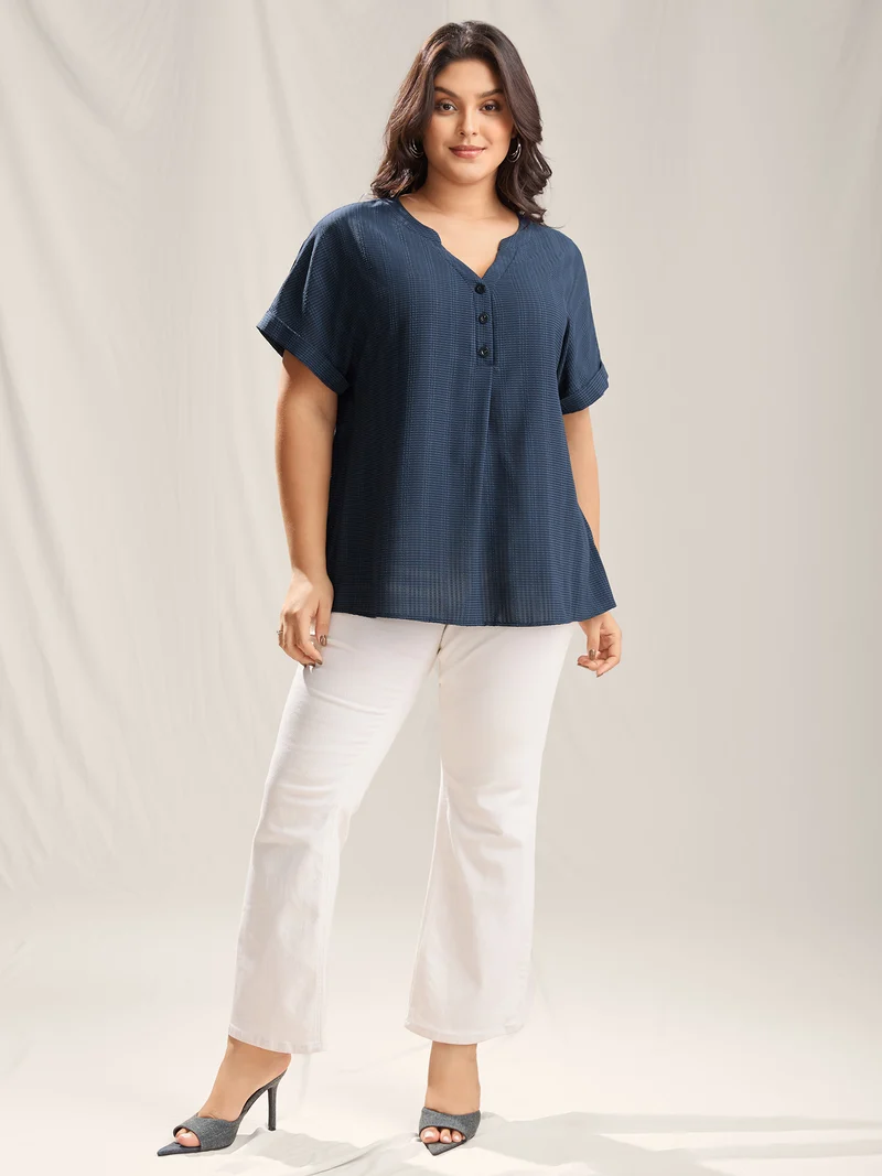 Textured Half Placket Split Neck Shirt