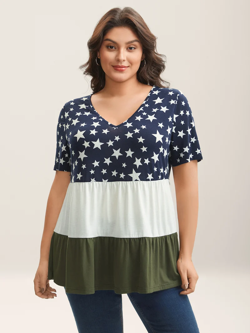 Star Print Color Contrast Tiered T-Shirt