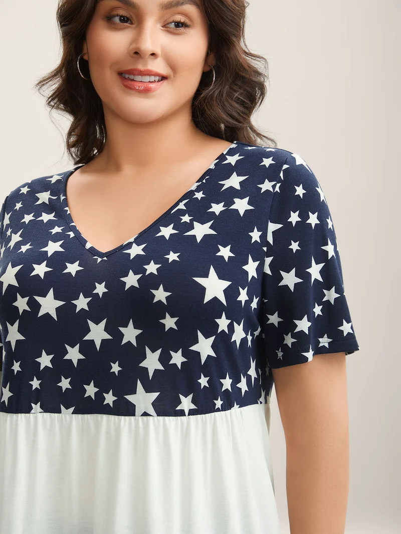 Star Print Color Contrast Tiered T-Shirt