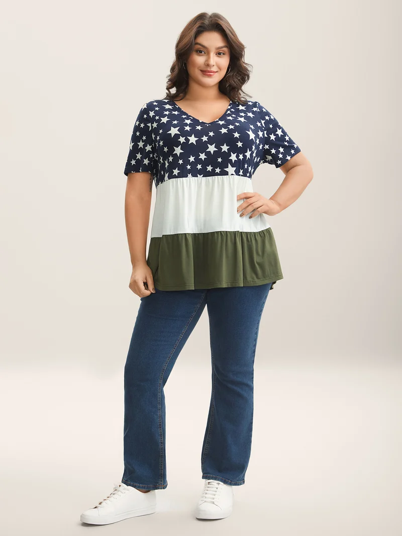 Star Print Color Contrast Tiered T-Shirt