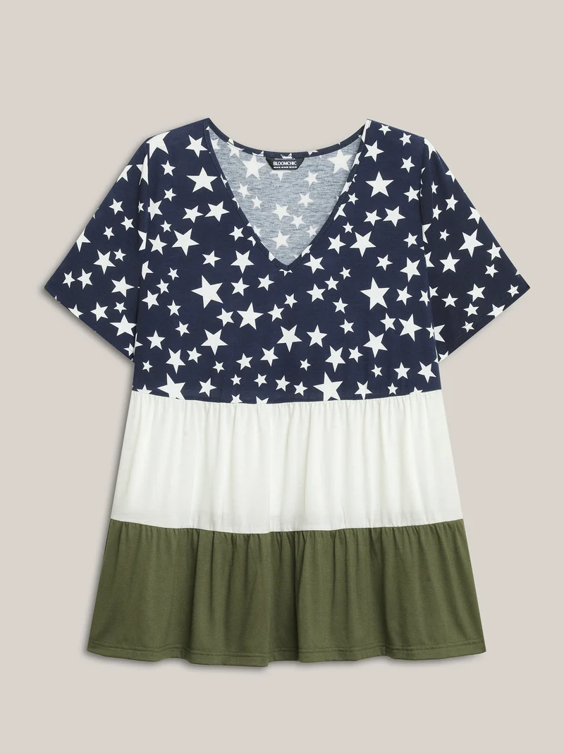 Star Print Color Contrast Tiered T-Shirt