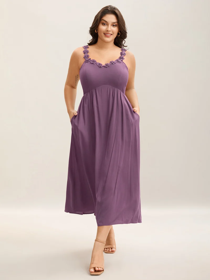Woven Crochet Floral Neckline Midi Dress