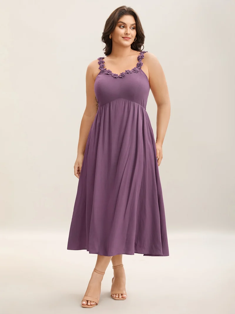 Woven Crochet Floral Neckline Midi Dress