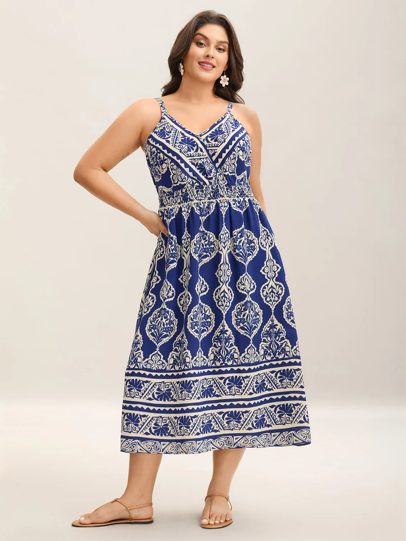 Boho Print Shirred Pockets Midi Dress