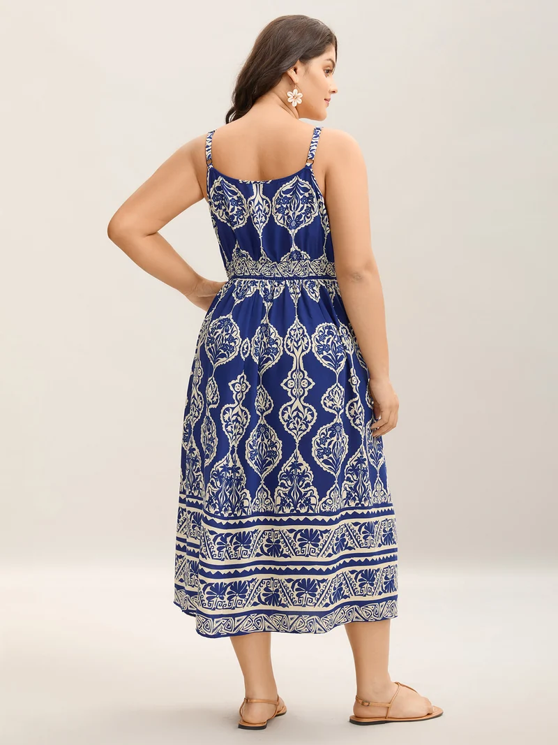 Boho Print Shirred Pockets Midi Dress