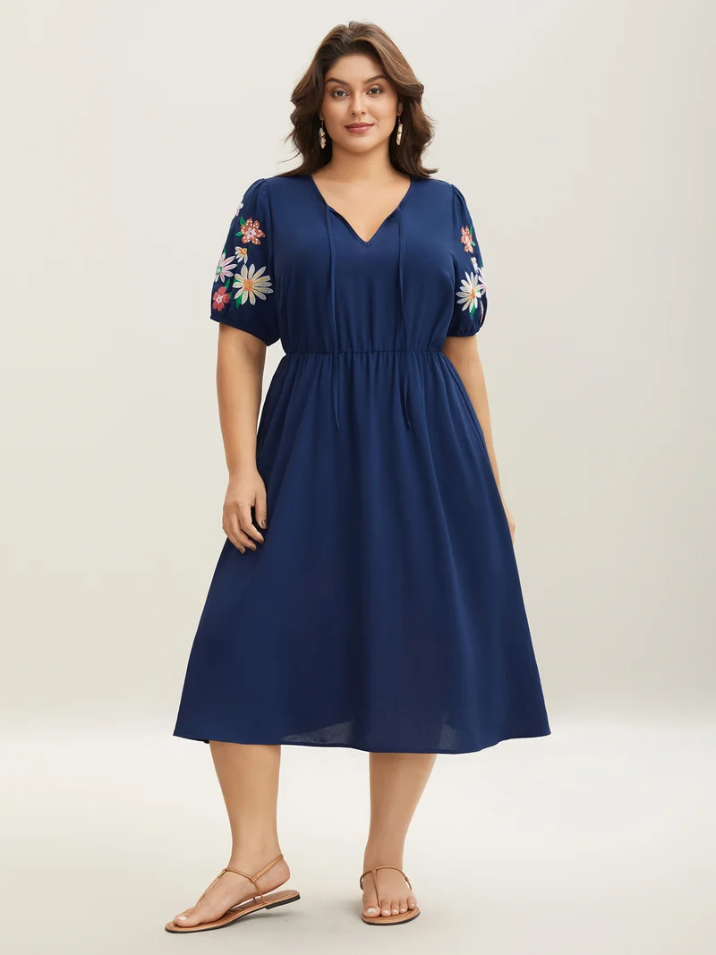 Floral Embroidered Neck Tie Midi Dress