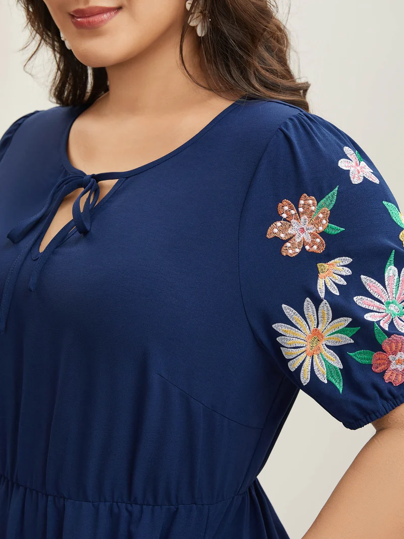 Floral Embroidered Neck Tie Midi Dress