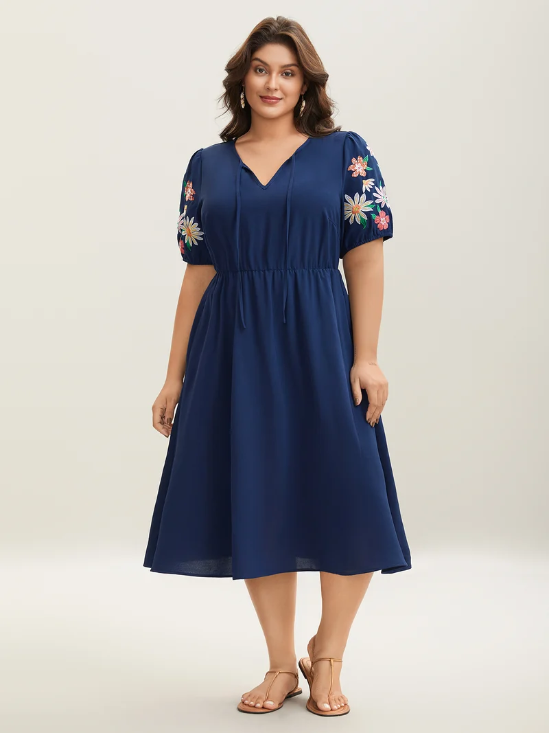 Floral Embroidered Neck Tie Midi Dress