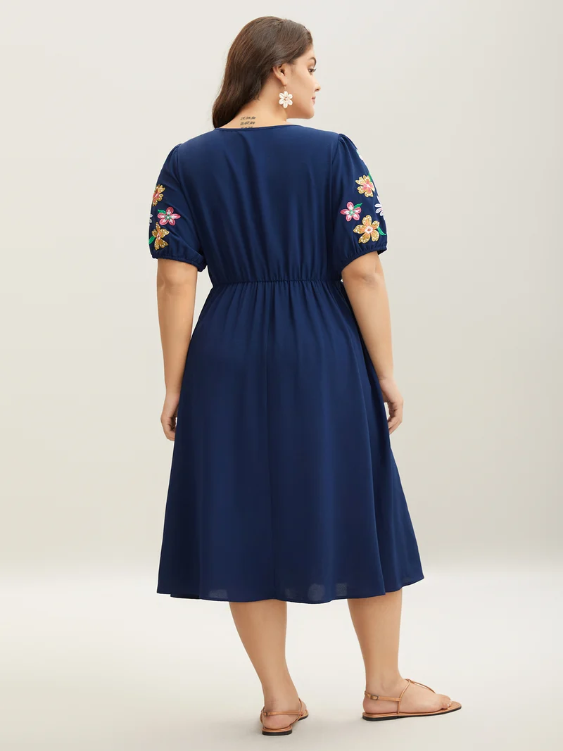 Floral Embroidered Neck Tie Midi Dress