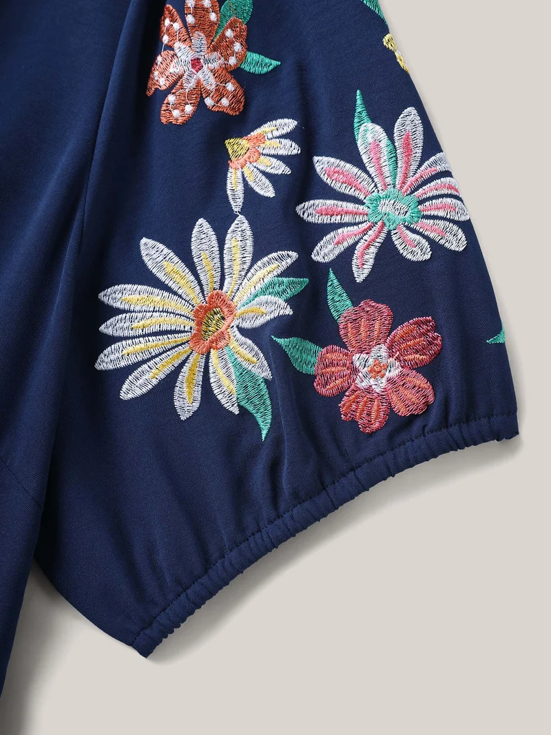 Floral Embroidered Neck Tie Midi Dress
