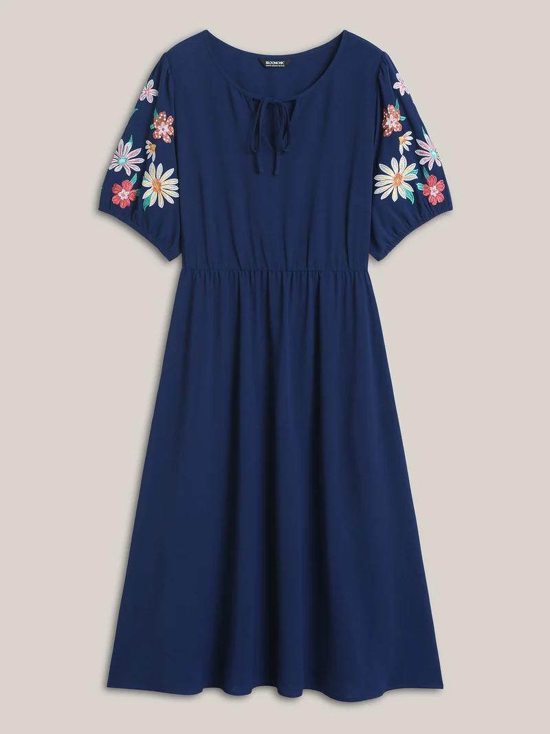 Floral Embroidered Neck Tie Midi Dress