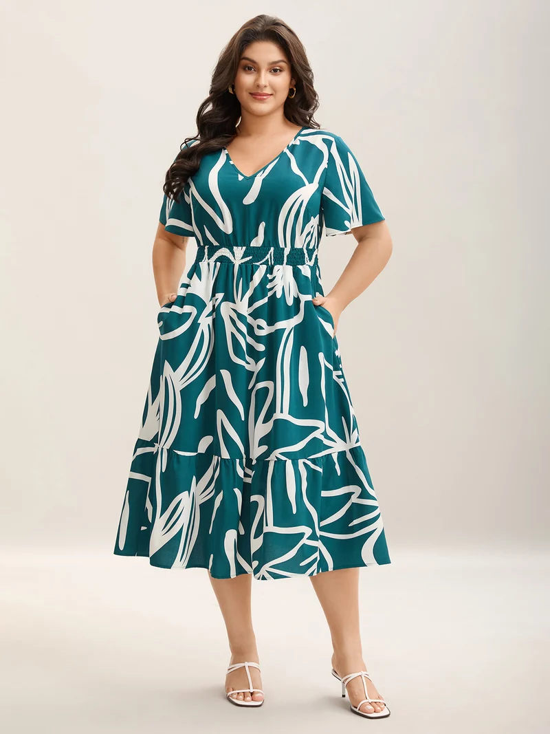 Large Flower Print Shirred Waist Midi Dress