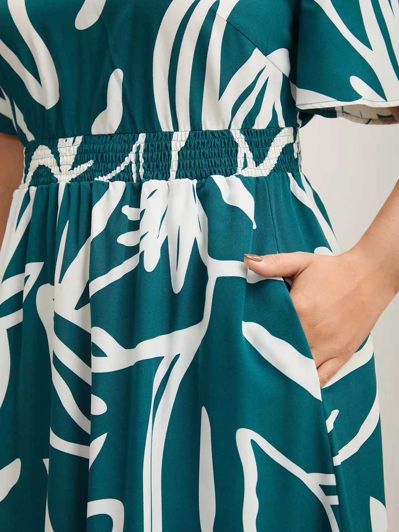 Large Flower Print Shirred Waist Midi Dress