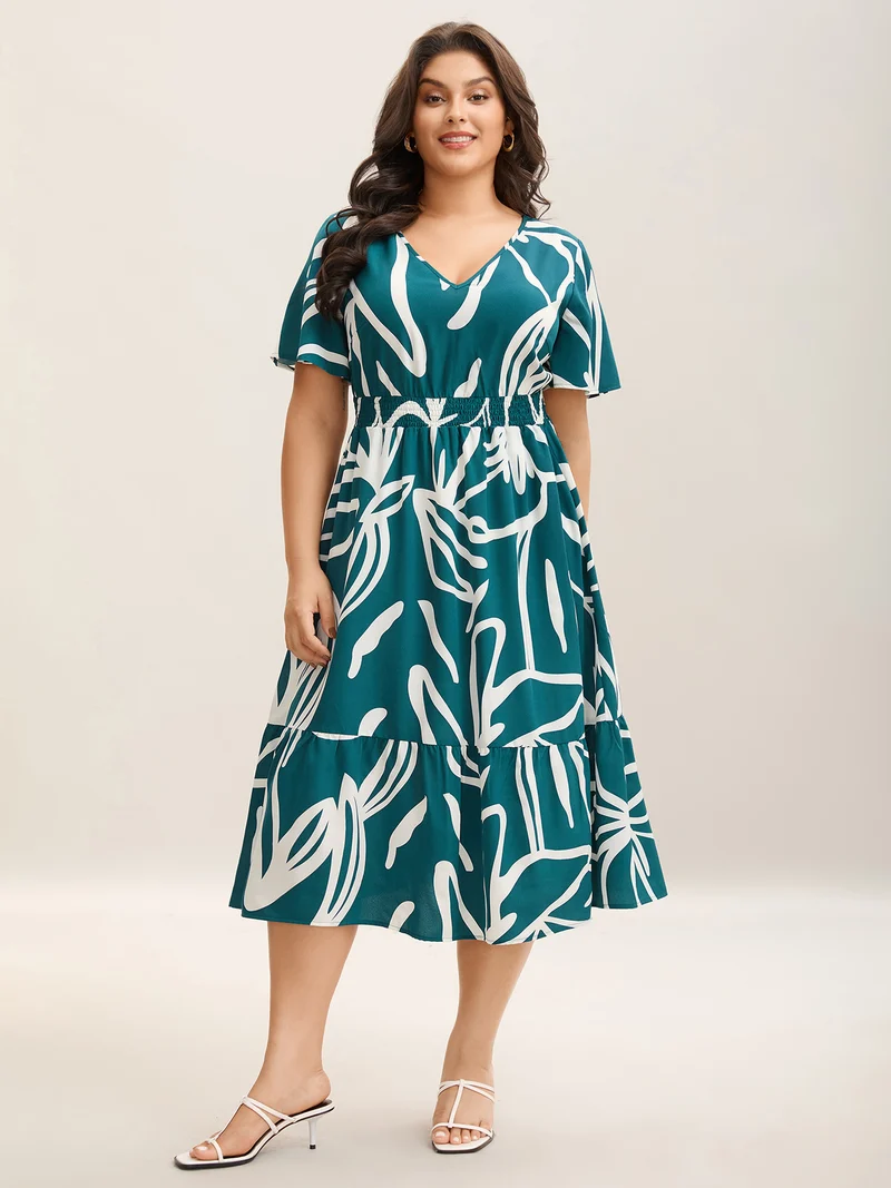 Large Flower Print Shirred Waist Midi Dress
