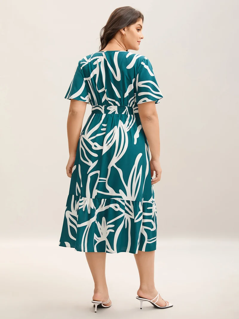 Large Flower Print Shirred Waist Midi Dress