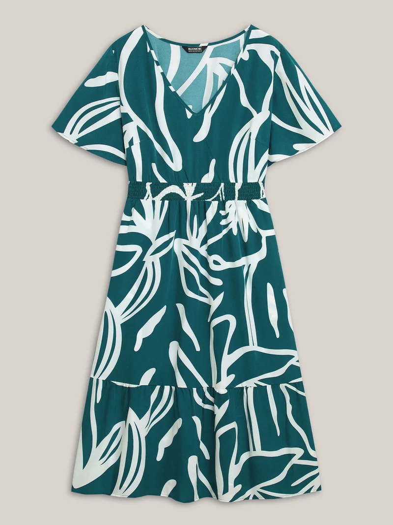 Large Flower Print Shirred Waist Midi Dress