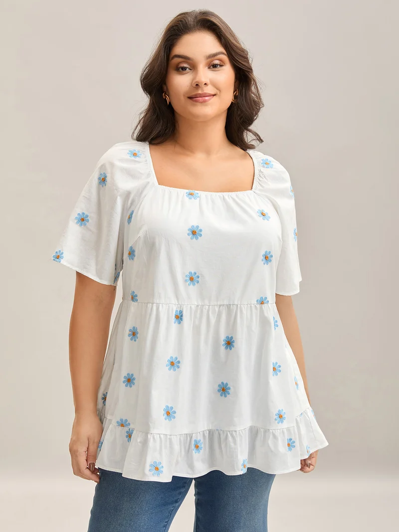 Floral Embroidered Ruffled Hem Doll Shirt
