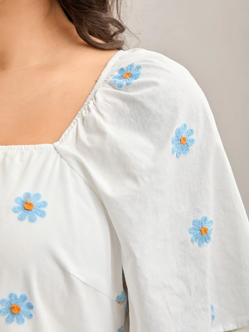 Floral Embroidered Ruffled Hem Doll Shirt