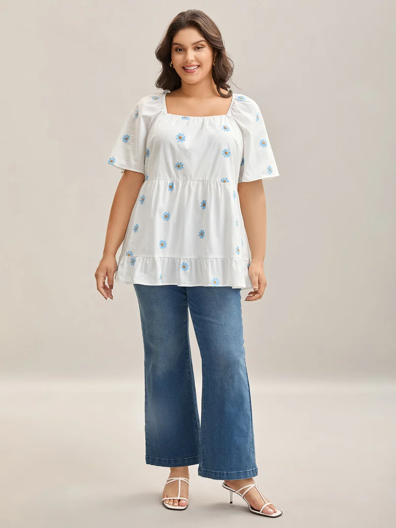 Floral Embroidered Ruffled Hem Doll Shirt