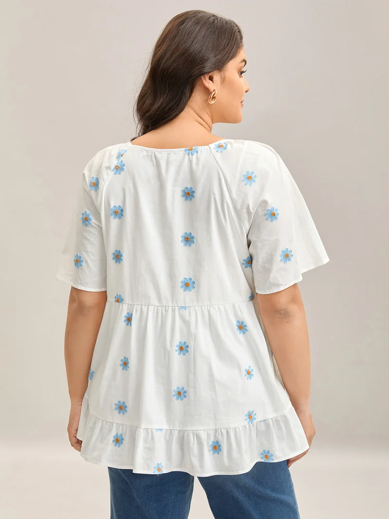 Floral Embroidered Ruffled Hem Doll Shirt