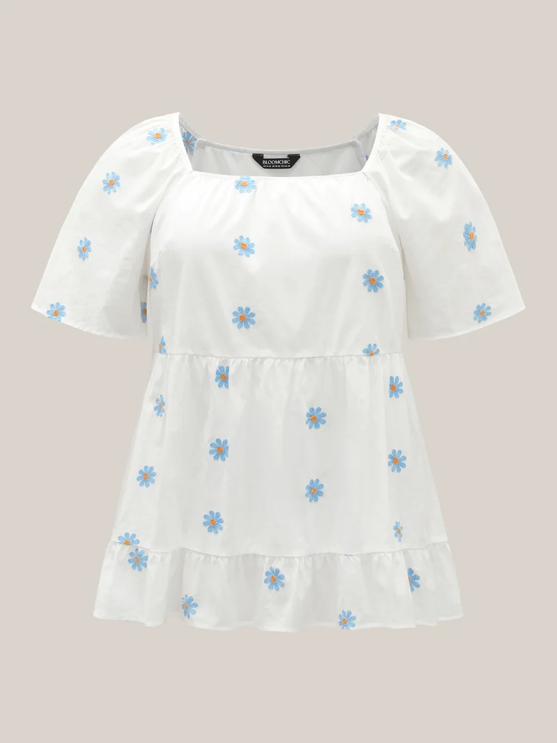 Floral Embroidered Ruffled Hem Doll Shirt