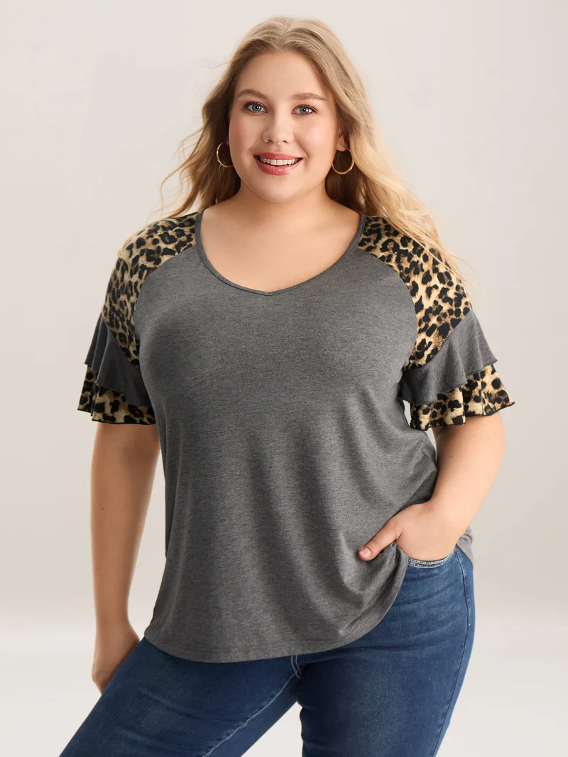 Leopard Print Color Contrast Crewneck T-Shirt