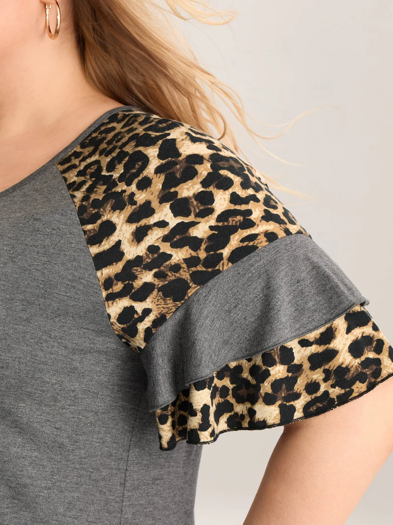 Leopard Print Color Contrast Crewneck T-Shirt