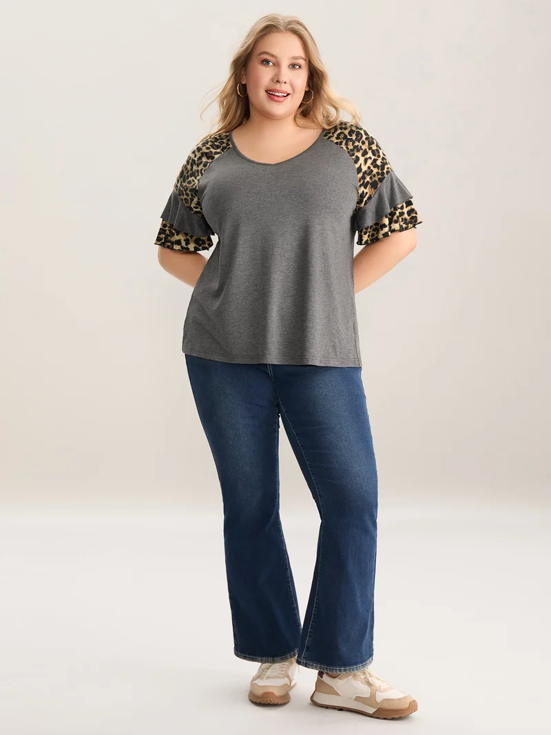 Leopard Print Color Contrast Crewneck T-Shirt