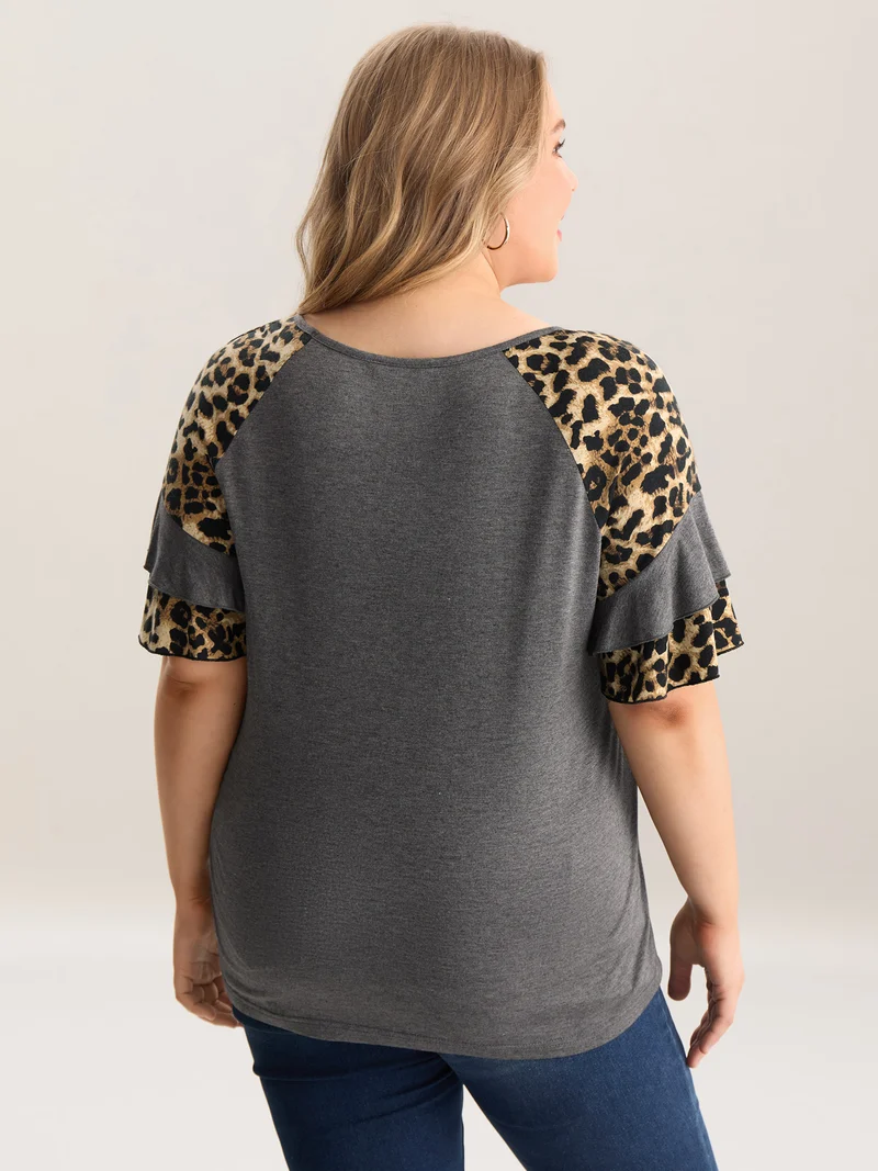 Leopard Print Color Contrast Crewneck T-Shirt