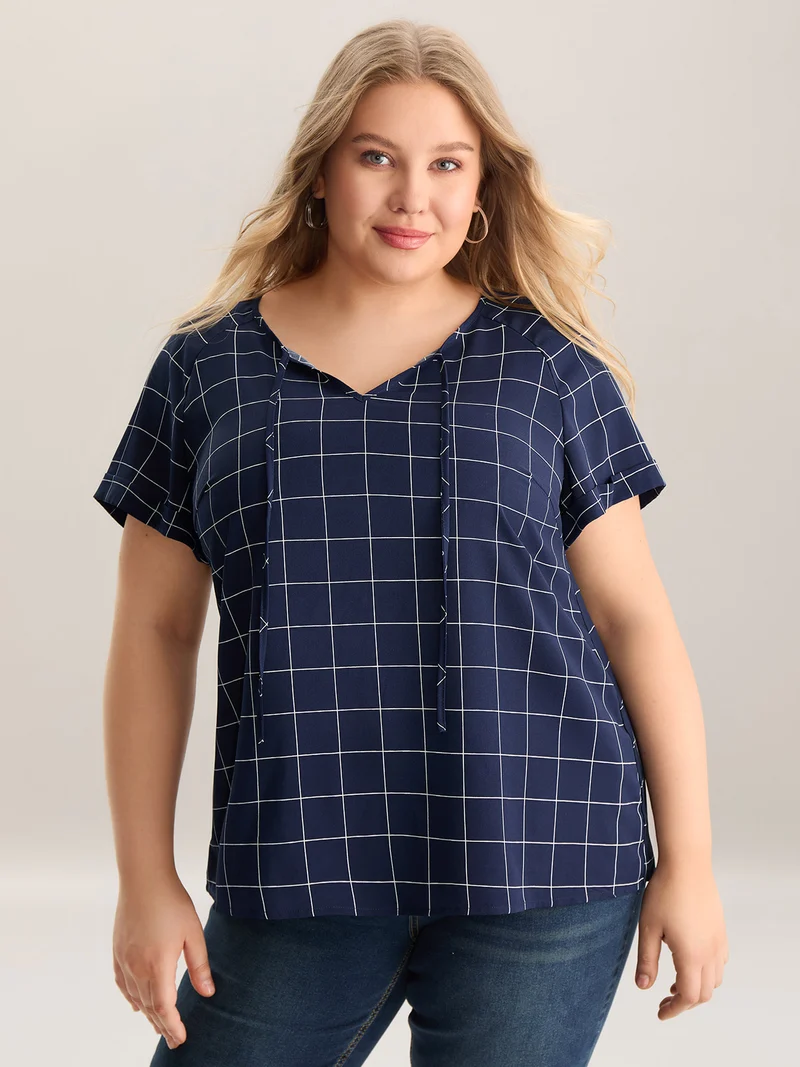 Checkered Print Neck Tie Blouse