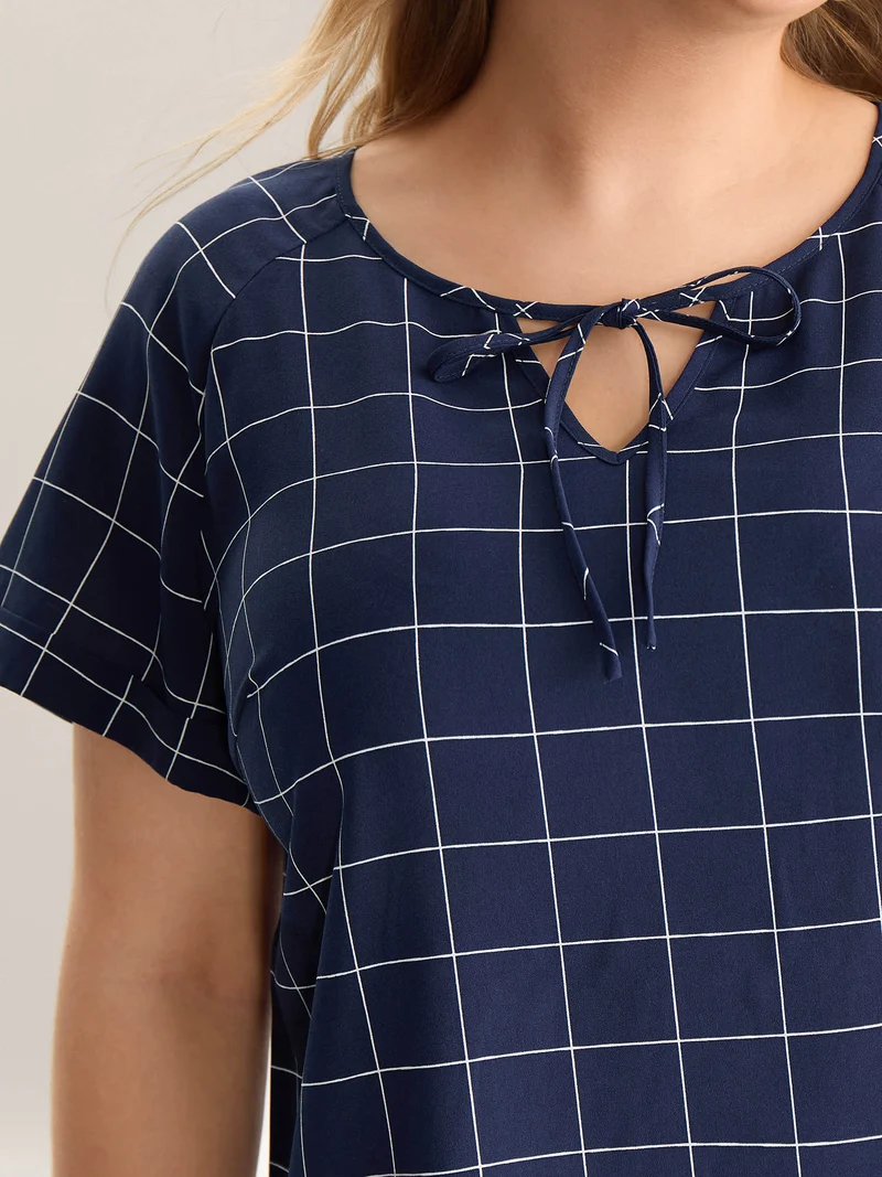 Checkered Print Neck Tie Blouse