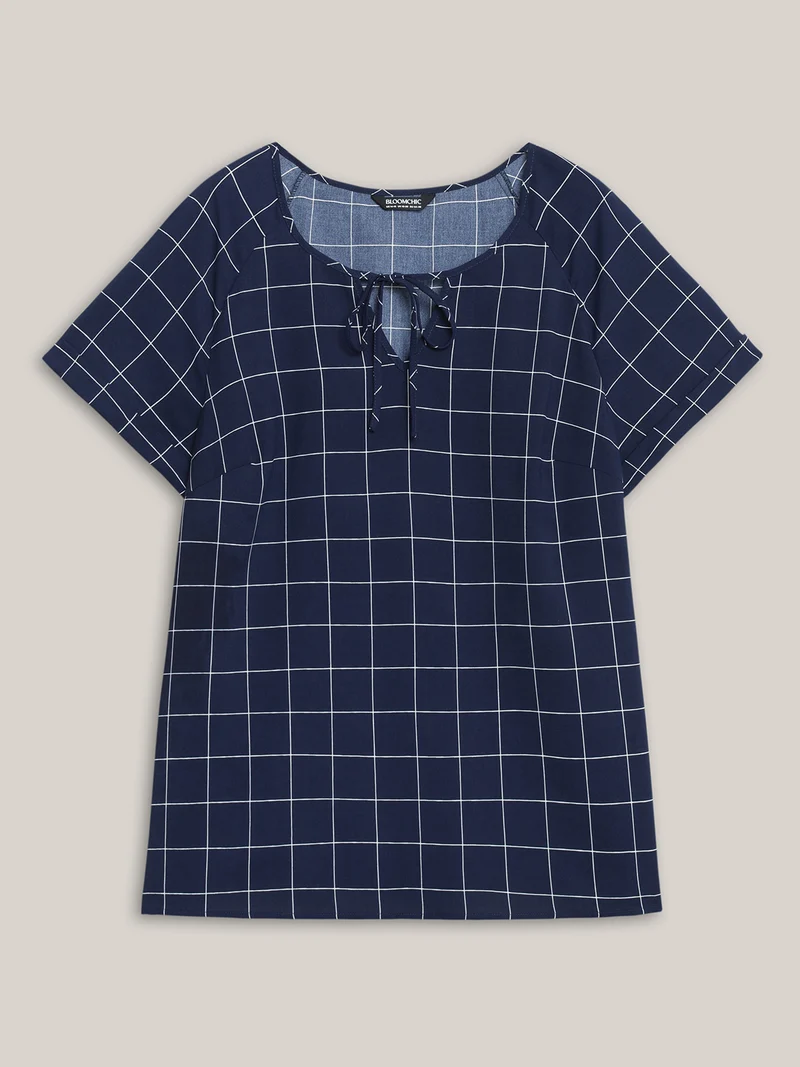 Checkered Print Neck Tie Blouse