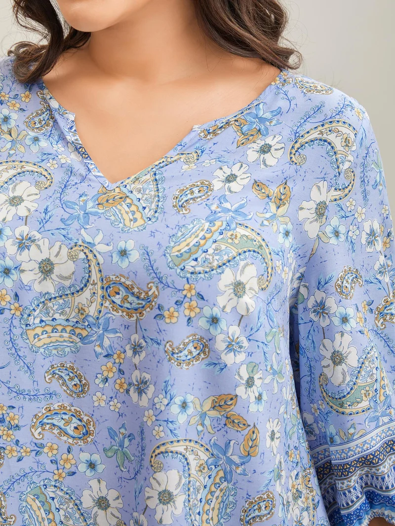 Paisley Print Lantern Sleeve Flowy Blouse
