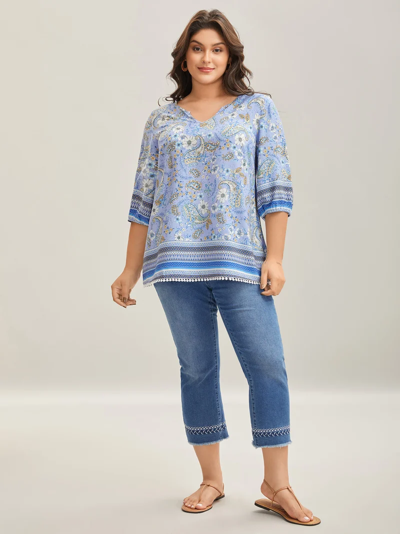Paisley Print Lantern Sleeve Flowy Blouse
