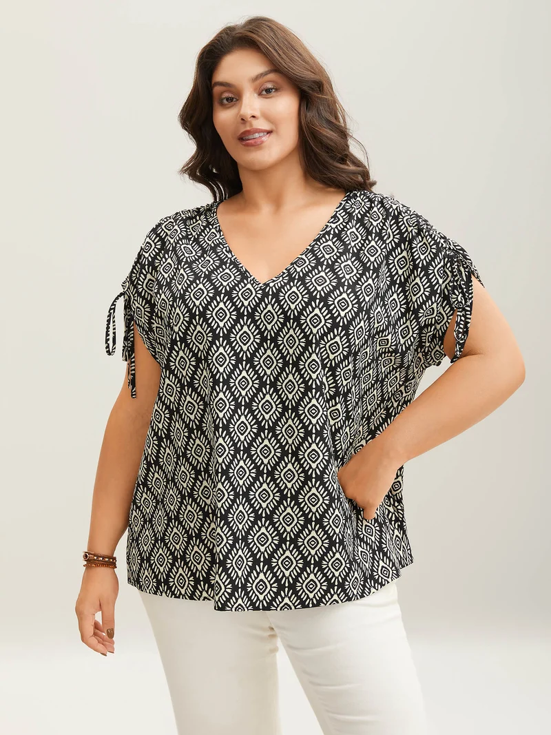 Boho Print Drawstring Sleeve Blouse